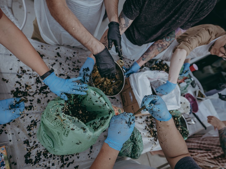 people cleaning green chiles