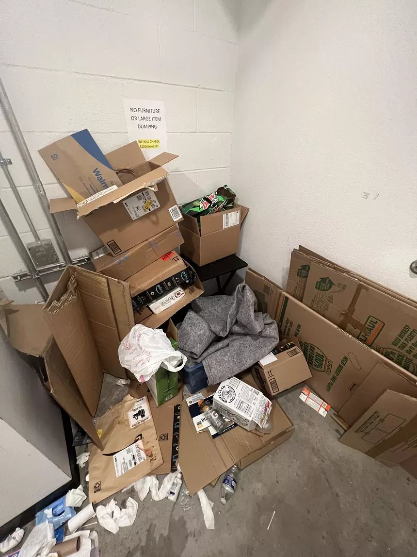 Trashed hallways at the 1515 Flats apartments.
