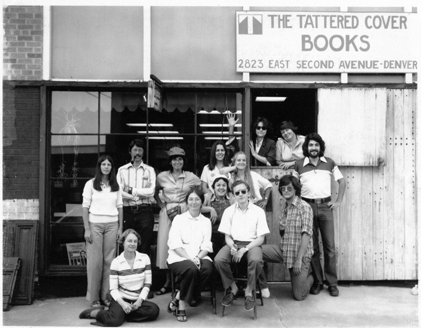 workers in front of bookstore in 1979