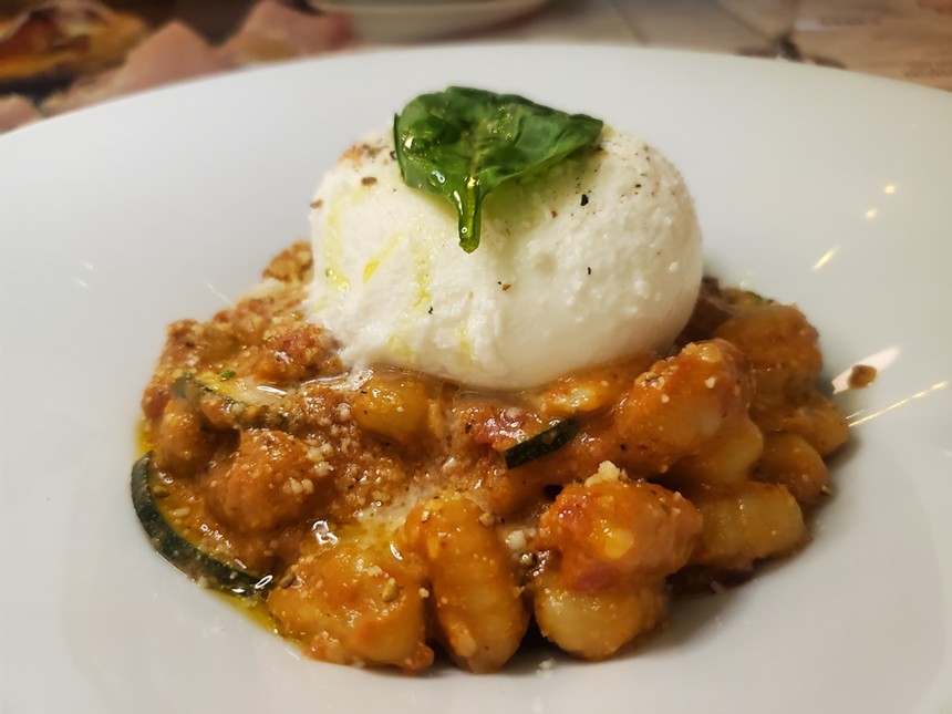 Gnochhi with burrata on top.