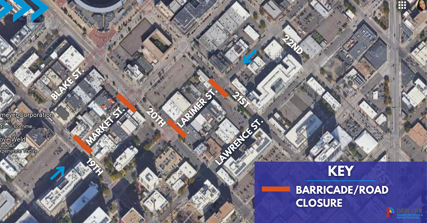 A Denver map marked on Market Street between 19th and 20th streets and on Larmier Street between 20th and 21st streets, where roads will be closed to vehicle traffic on Friday and Saturday nights.