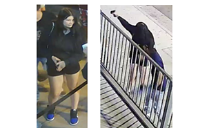 On the left, a girl wearing black shorts and clue shoes stands. On the right, that girl holds out a handgun.