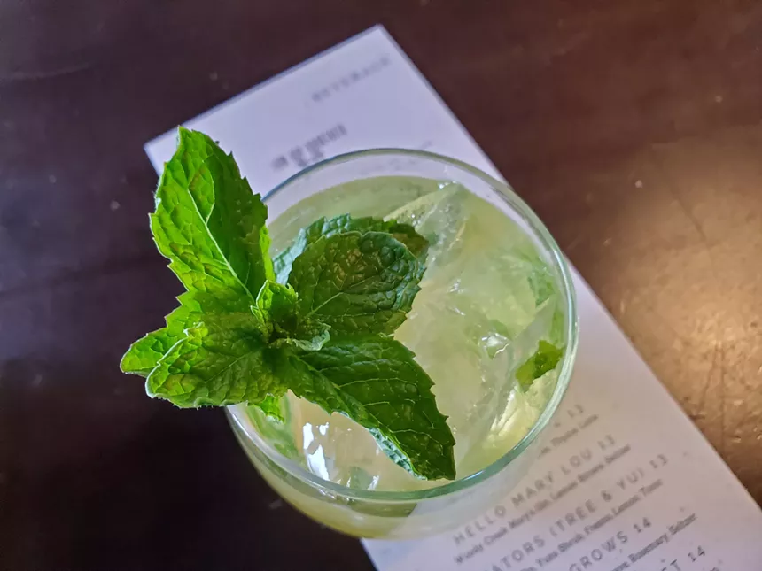 cocktail with a mint leaf garnish