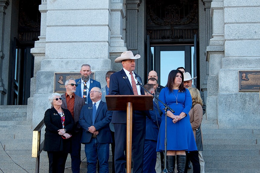 House Minority Leader Mike Lynch during a press conference outside of the Capitol.