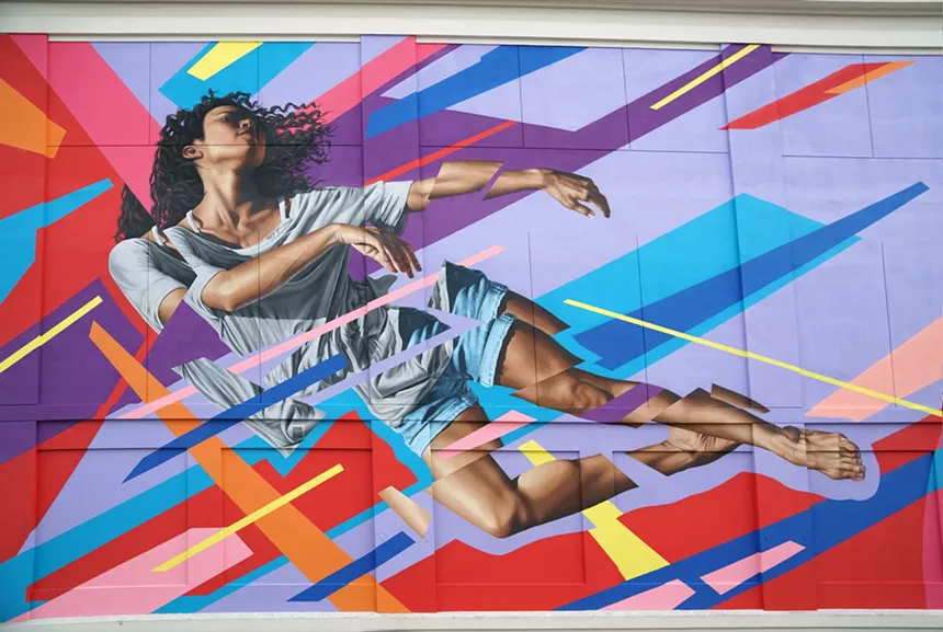 painting of a woman with purple blue and pink stripes