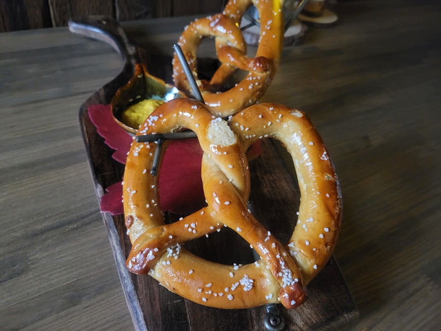 wooden table with soft pretzel