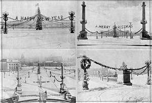 old photo holiday decorations in park.