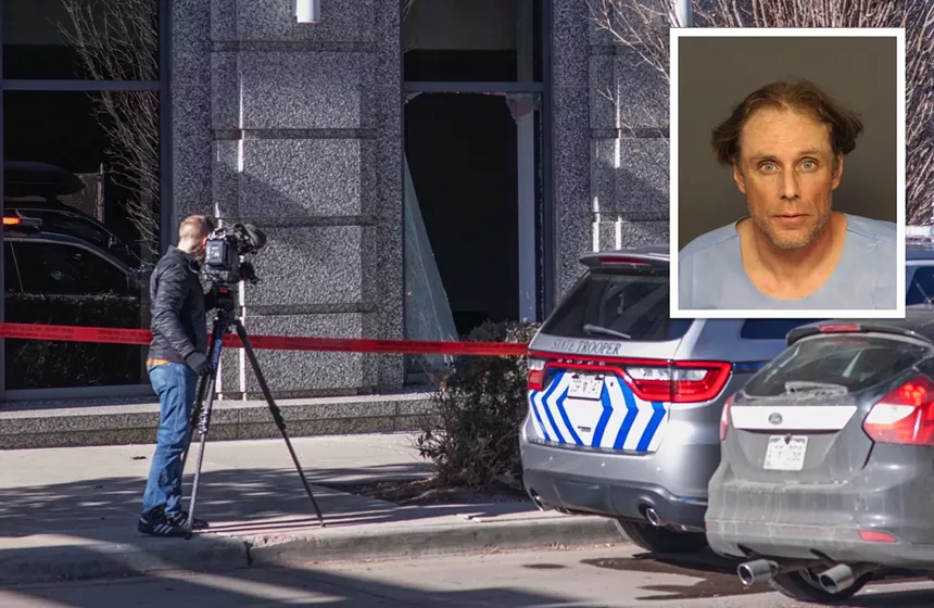 A broken window of the Ralph L. Carr Colorado Judicial Center and a mug shot of Brandon Olsen.