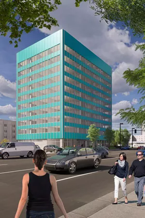 A drawing of a tall blue apartment building.