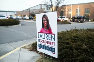 A sign for Lauren Boebert at the GOP primary debate in Fort Lupton on Thursday night, January 25.