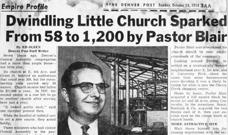 A 1954 Denver Post newspaper clipping of a story about Reverend Charles E. Blair increasing church membership.