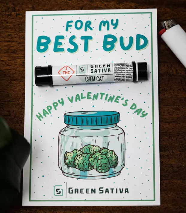 Marijuana-themed friendly Valentine's Day card with joint