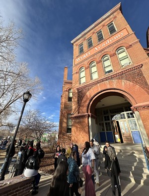 Students and staff standing outside Wyatt Academy in Denver, Colorado.