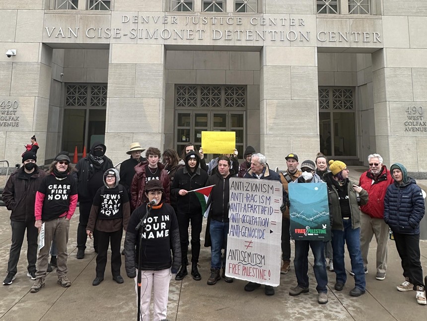 Members of JVP-Denver/Boulder holding a press conference on February 16 to bring attention to the Israel-Hamas war and call on the City Attorney to drop its criminal cases against them.