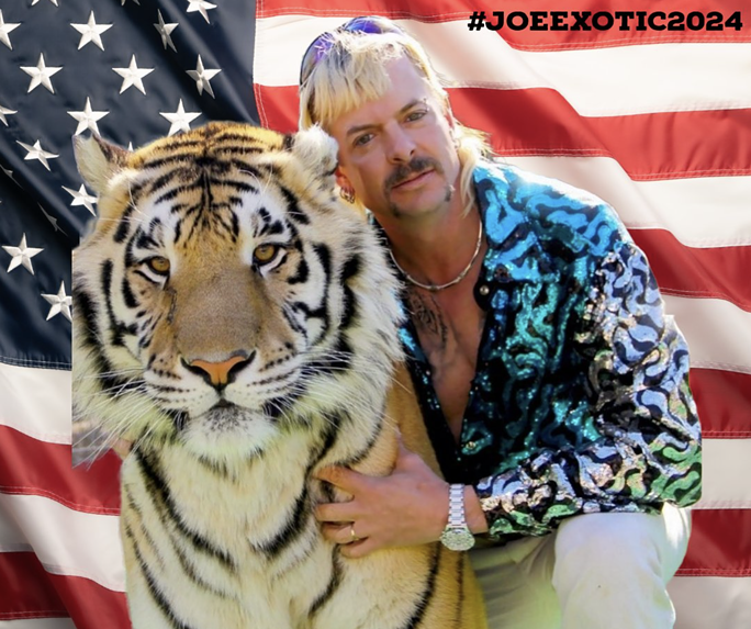 Campaign material for Joe Exotic with a tiger.