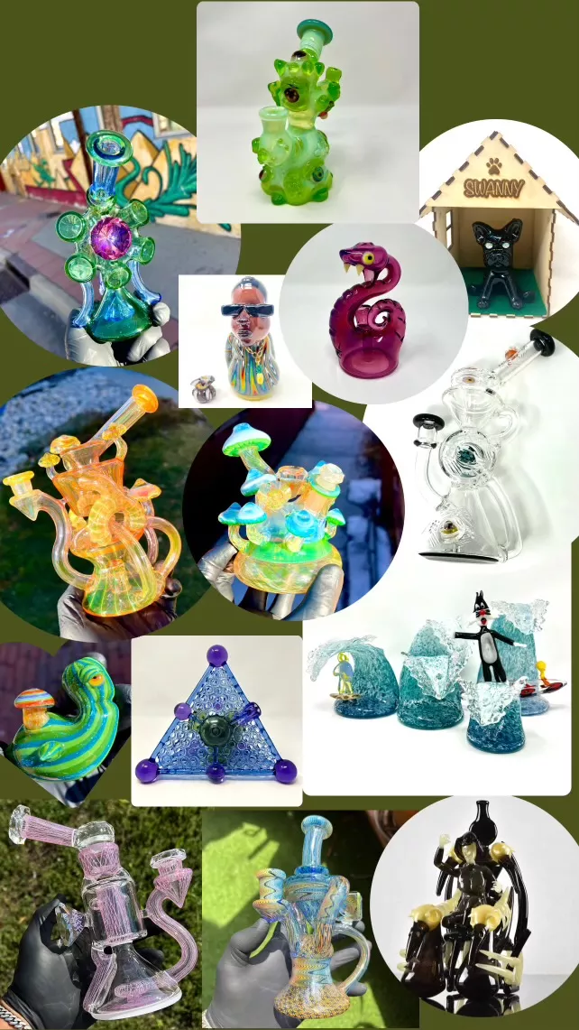 Dab rigs and art pieces made by American glassblowers.