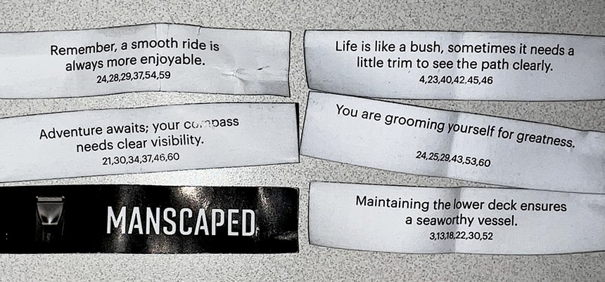 Manscaped fortune cookie ads reading: "Remember, a smooth ride is always more enjoyable," "Adventure awaits; your compass needs clear visibility," "Life is like a bush, sometimes it needs a little trim to see the path clearly," "You are grooming yourself for greatness," and "Maintaining the lower deck ensures a seaworthy vessel."