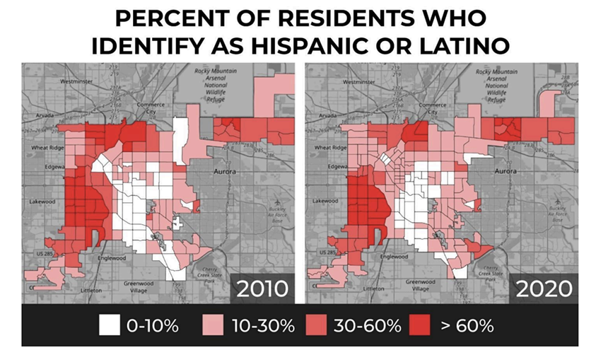 A map showing the percentage of Denver residents who identify as Hispanic or Latino.