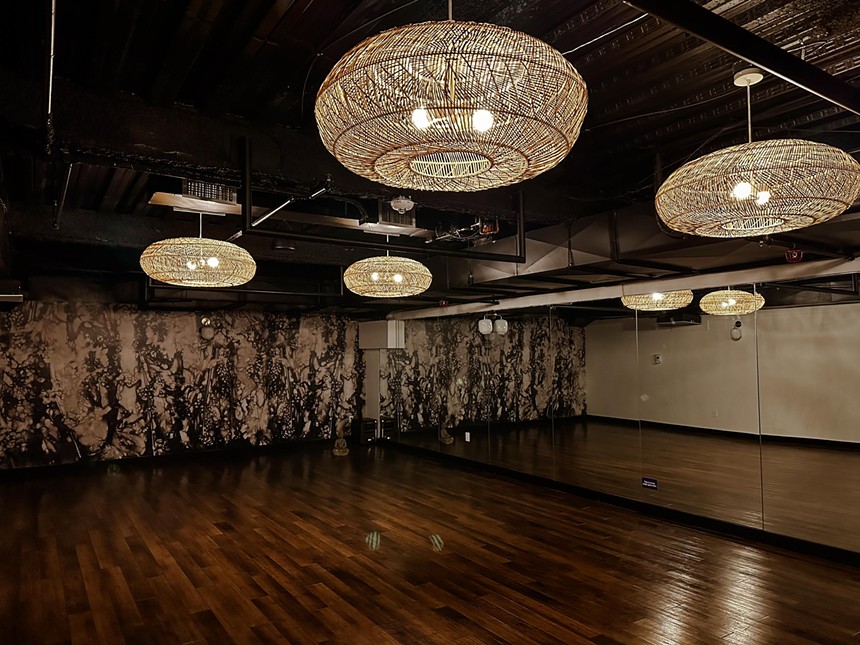 yoga studio with large lights