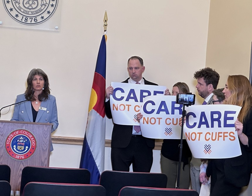 Supporters of House Bill 1355 at a press conference for the "Care, Not Cuffs" campaign.