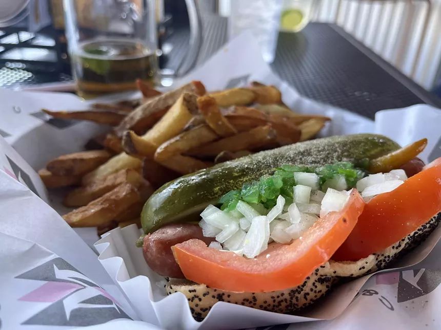 a chicago hot dog and fries