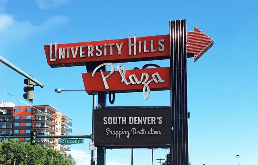a retro sign that says "University Hills Plaza