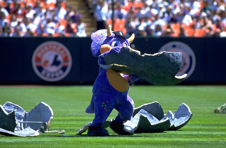 Colorado Rockies mascot Dinger hatching from an egg at Mile High Stadium