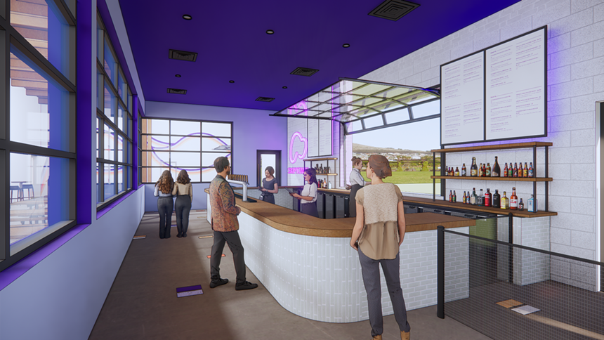 rendering of a bar in a room with purple walls