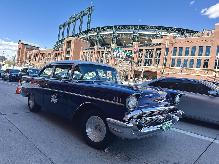 A 1957 Chevrolet Bel Air outside Coors Field.