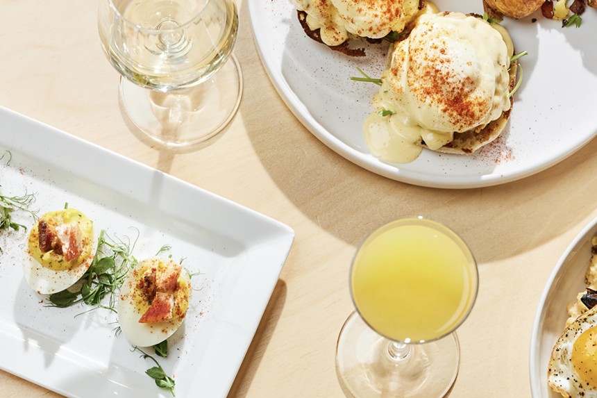 Deviled eggs, eggs Benedict and a mimosa from Jax Fish House