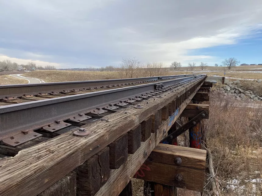 Train tracks on top of Coal Creek trestle bridge in Erie