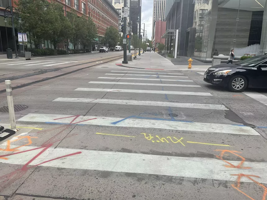 Downtown intersection and crosswalk.