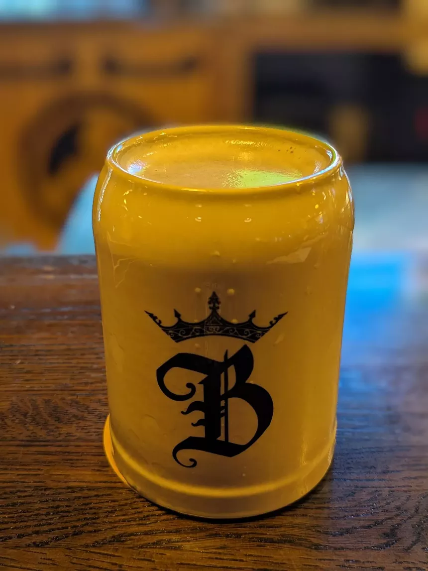 Kellerbier in a ceramic krug.