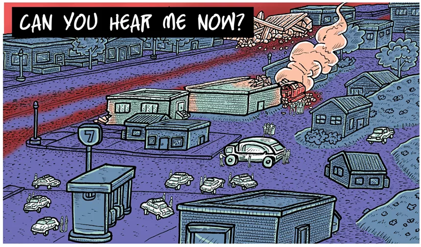 cartoon of town attacked by bulldozer