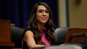 Lauren Boebert speaking into microphone