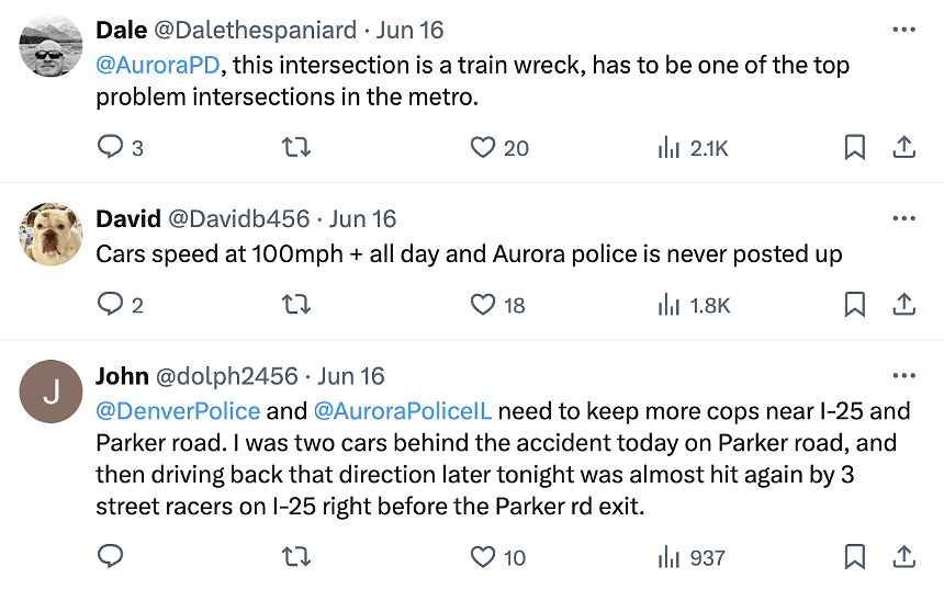 Comments of people complaining about an intersection in Aurora, Colorado, on social media.