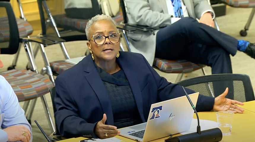 Aurora City Council member Stephanie Hancock speaking during a closed-door session.