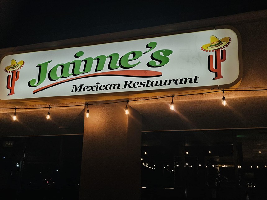 white sign with green lettering that says "jaime's"