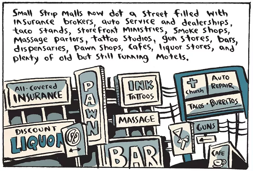 cartoon with building signs