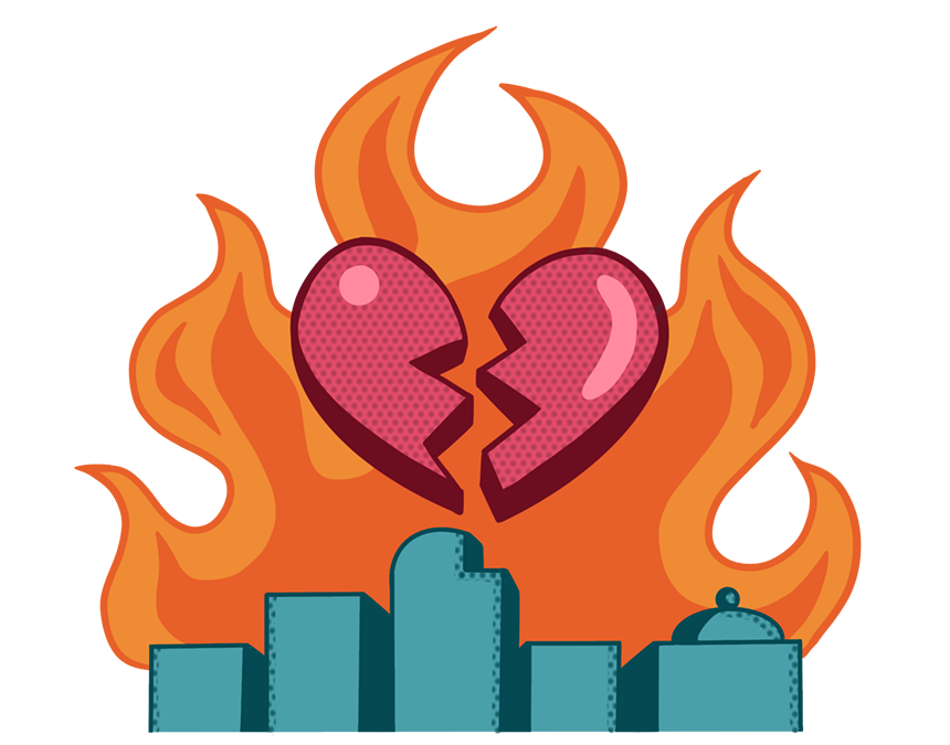 skyline with heart and fire