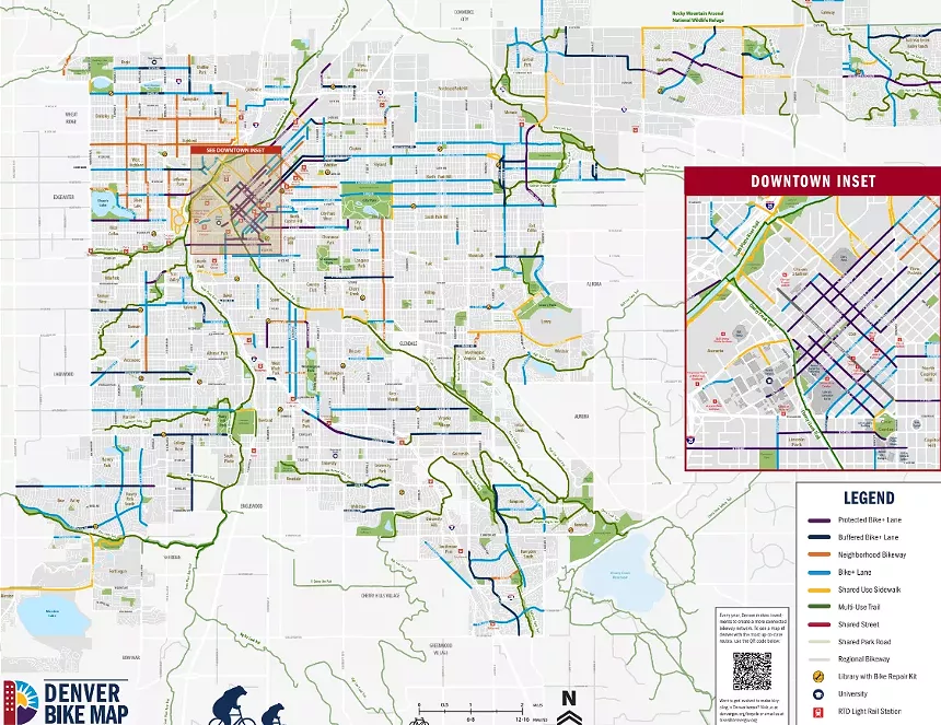 A bike map shows where to bike in Denver.