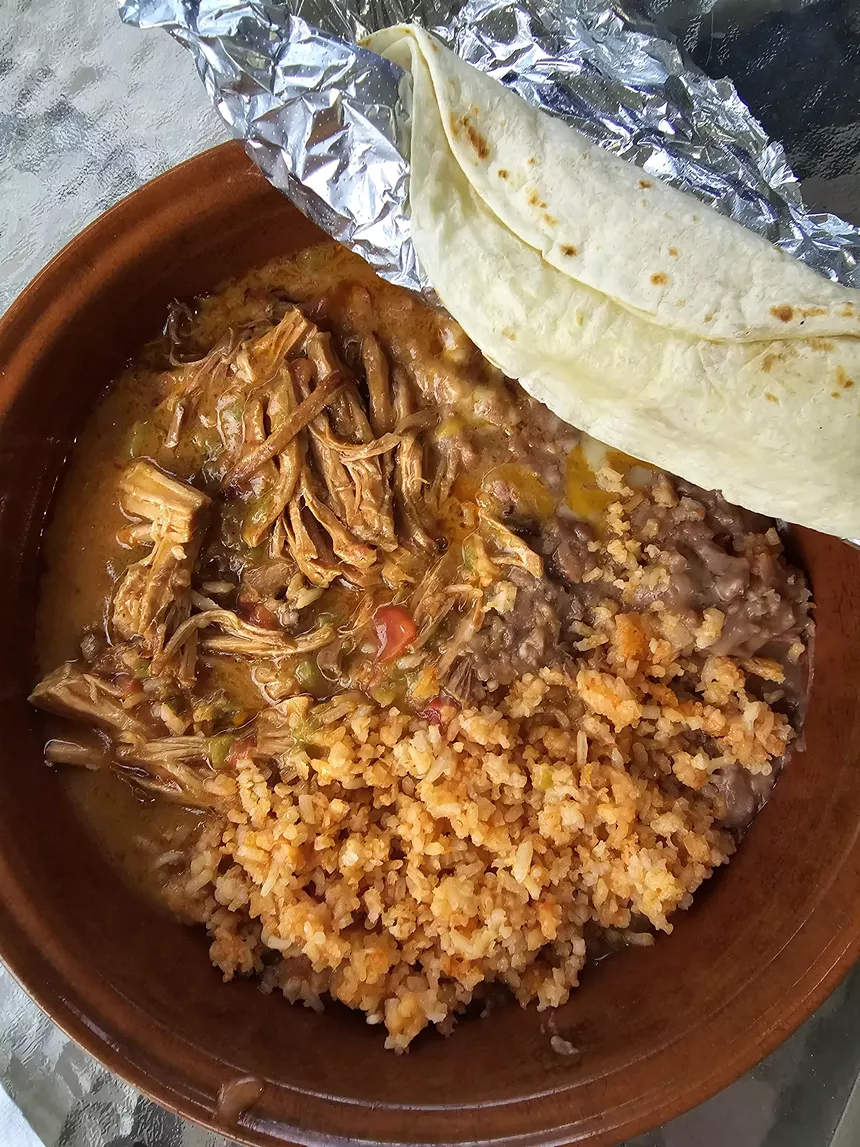 shredded pork, rice and beans