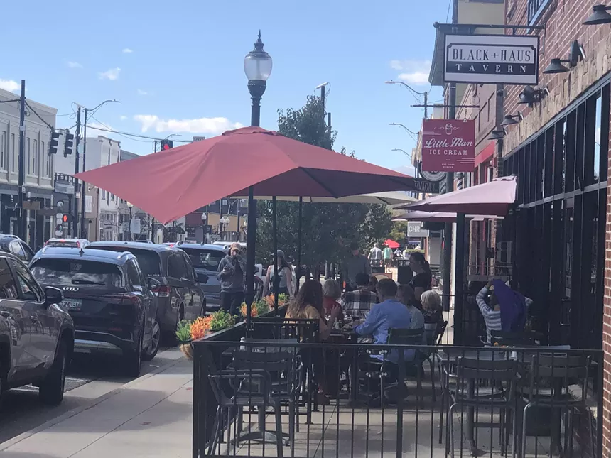 patio with umbrellas