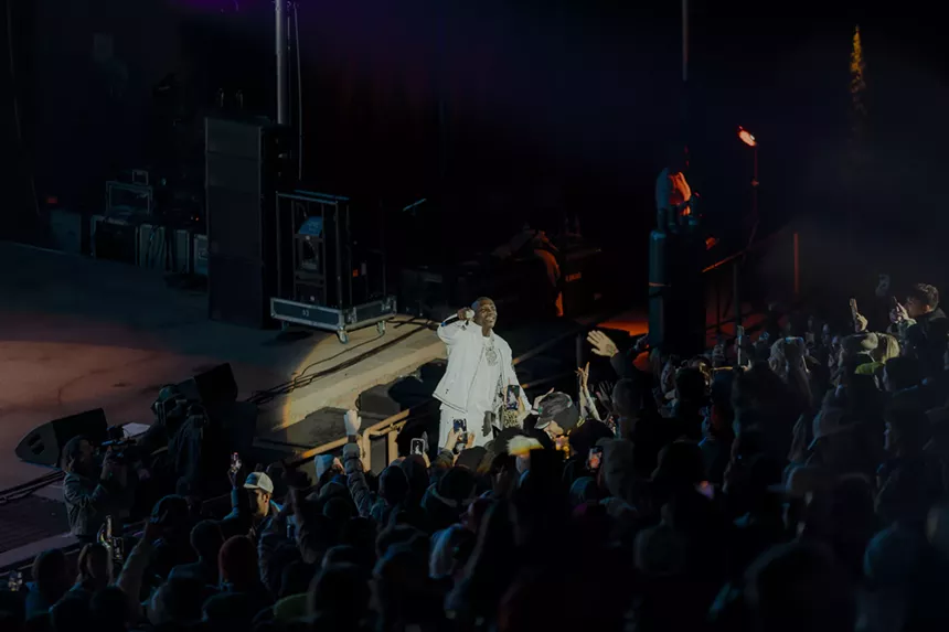 A photo of Akon embracing the crowd.