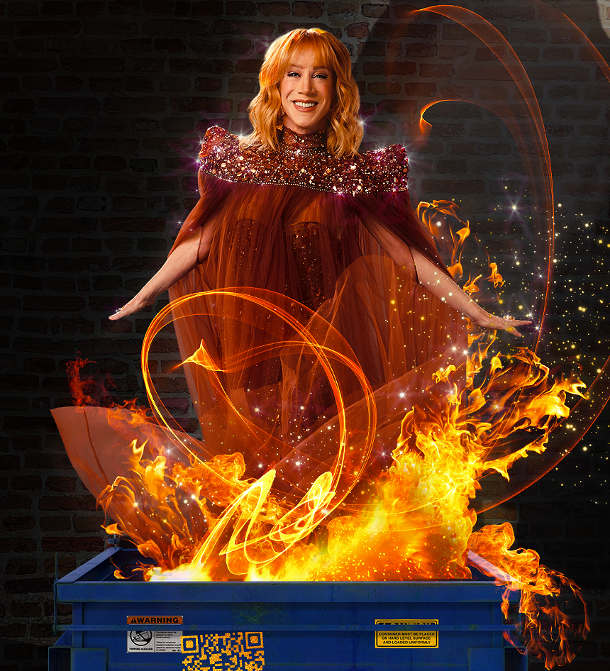 kathy griffin over a dumpster fire