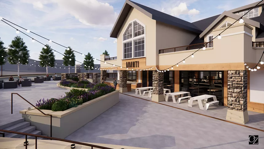 A digital rendering of Avanti Food & Beverage in Vail, featuring a two-story structure with a large patio