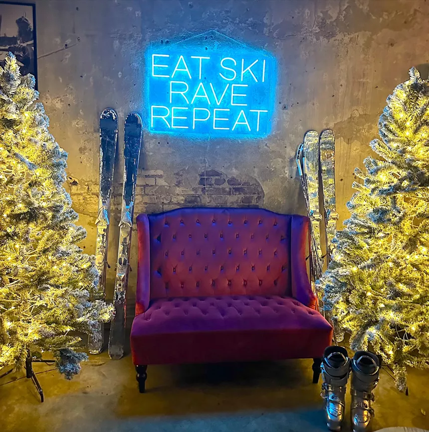 purple couch in an apres-ski pop-up