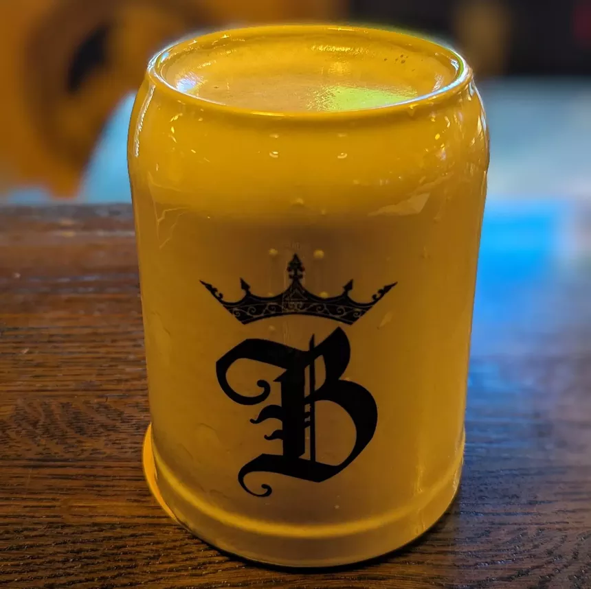 Kellerbier in a ceramic krug.