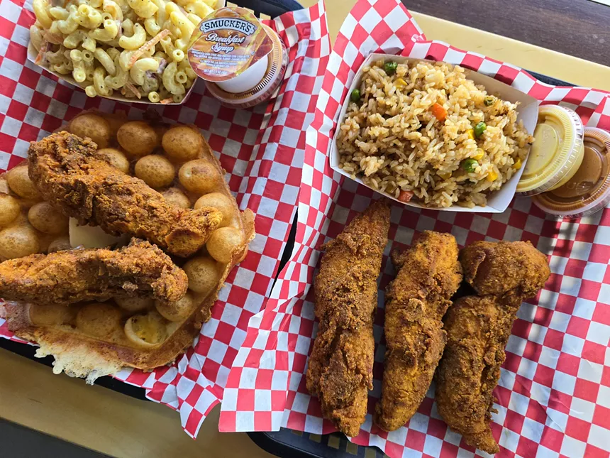 chicken tenders and chicken with bubble waffles