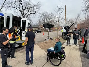 Behind the scenes of a film set.